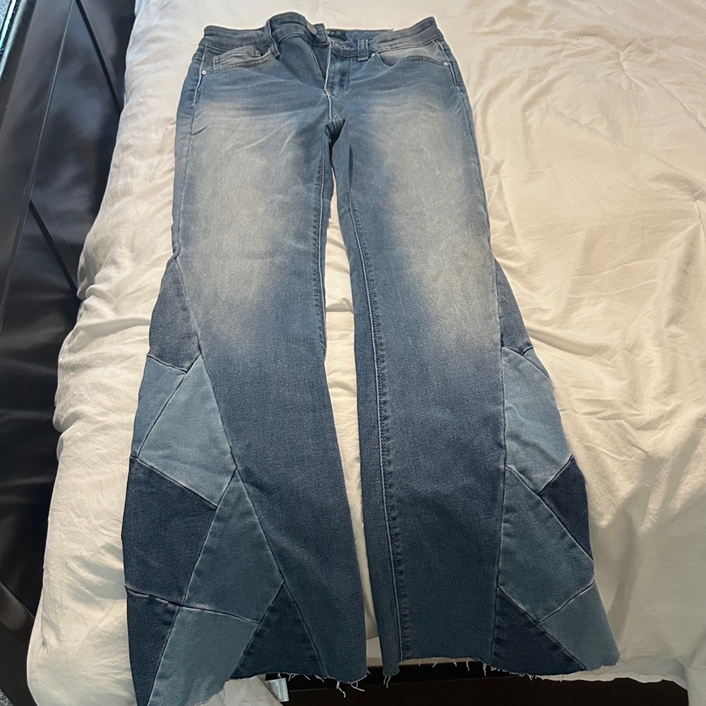 Indigo Rein Blue Patchwork Flare Jeans